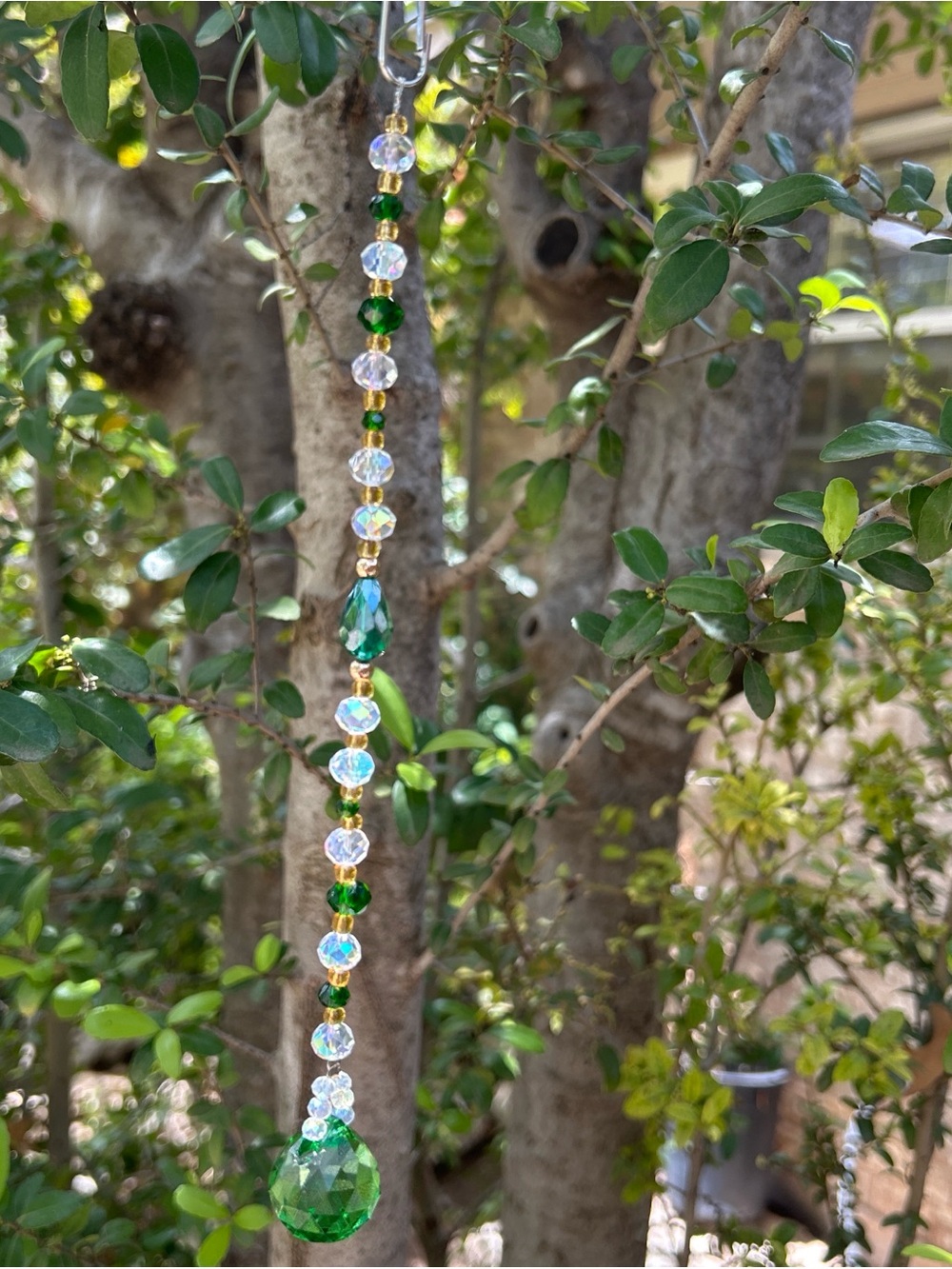 Handmade emerald green crystal beaded strand Suncatcher
